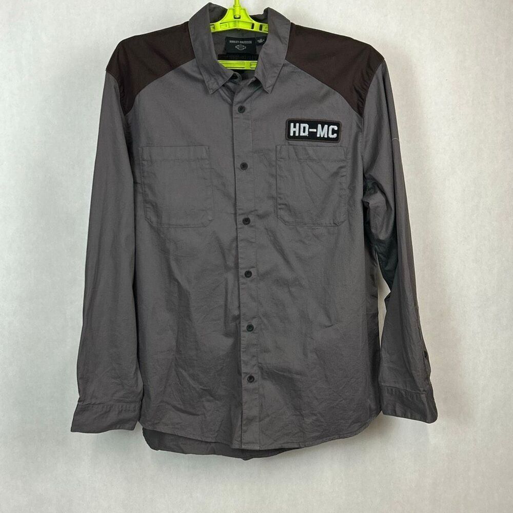 Harley Davidson Mens Button Front Shirt HD-MC Long Sleeve Sz XL Gray Black